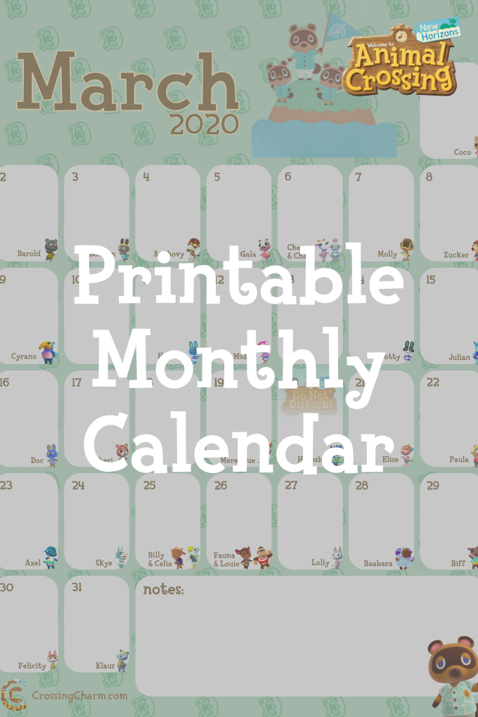 Printable Monthly Calendar for March | Animal Crossing ...